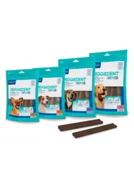 Veggiedent Fr3Esh Snack Dental Vegetariano para Perros es un sabroso alimento complementario para perros. Control de la formación de sarro y placa dental.
