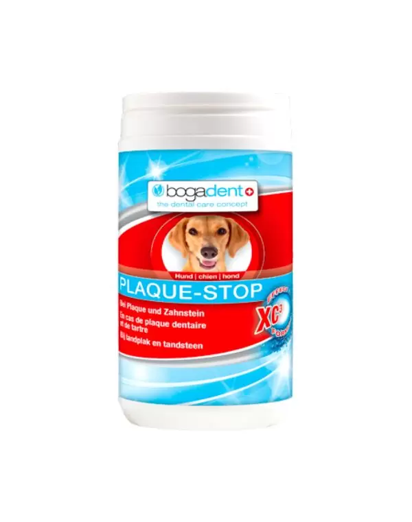 Bogadent Plaque-Stop Perro 70 g es un complemento alimenticio para perros utilizado para mantener la higiene bucal y apoyar la limpieza dental diaria.