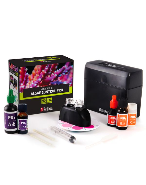 O Red Sea Algae Control Pro - Kit Multiteste (NO3/PO4) (100/100 testes) inclui testes comparativos colorimétricos de alta precisão para medição de precisão excepcionalmente alta de nitrato e fosfato.