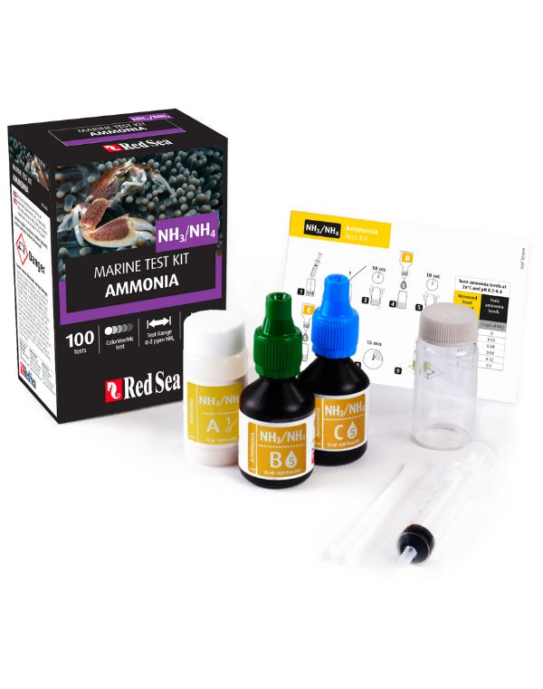 El Red Sea Kit MCP Amoníaco (100 pruebas) es una prueba colorimétrica avanzada que mide el amoníaco total (NH 3/NH 4) en acuarios marinos con una precisión de 0,2 ppm.