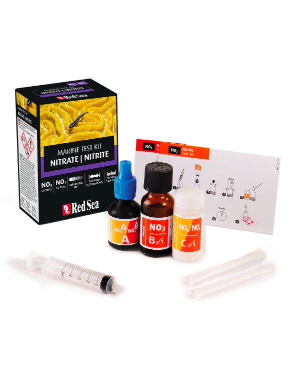Red Sea Kit MCP NO2/NO3 (60/100 pruebas), este kit de prueba combinado proporciona pruebas colorimétricas avanzadas de 100 nitritos o 50 nitratos y 50 nitritos para acuarios marinos.