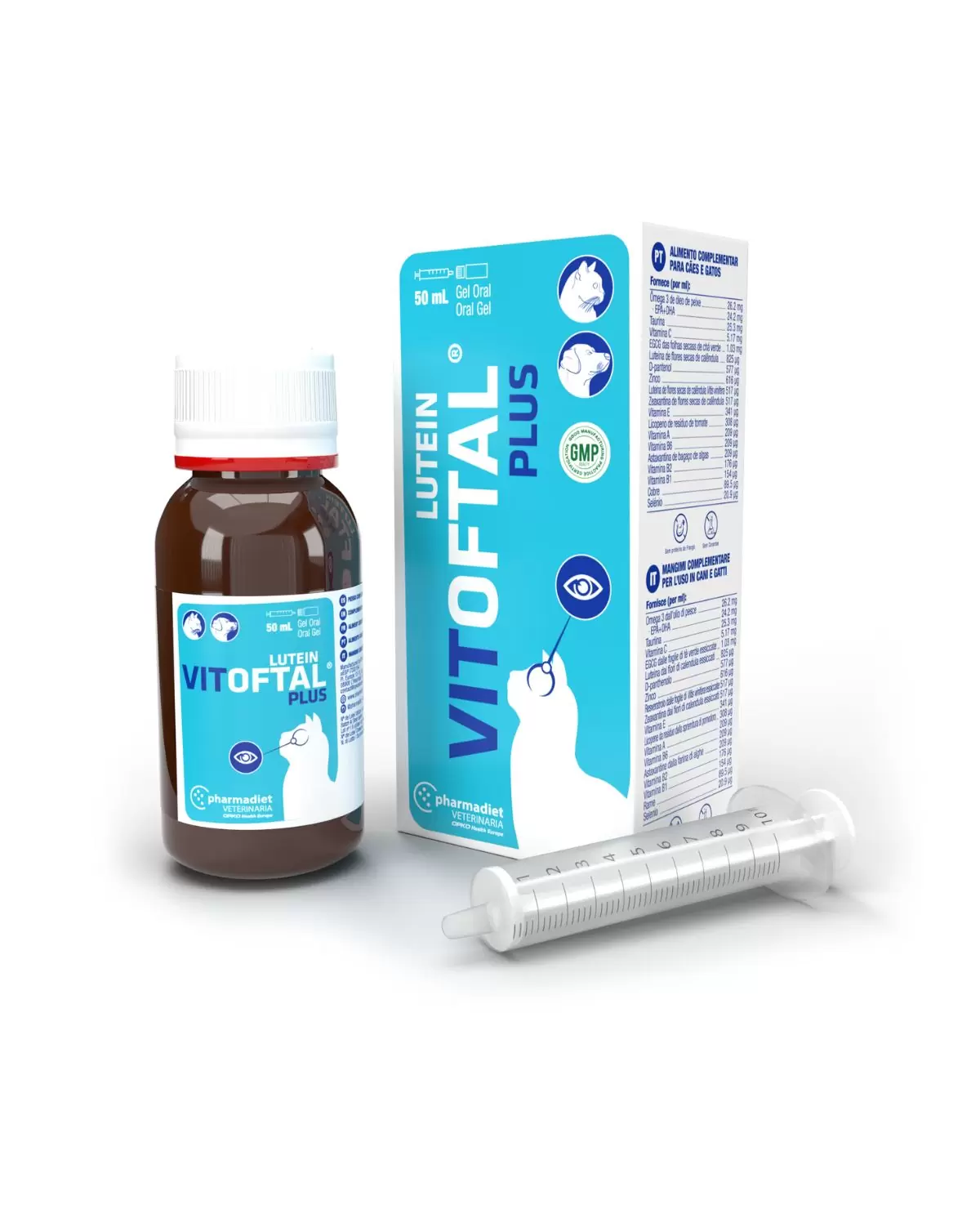 Vitoftal Lutein 50ml es un complemento alimenticio, en gel oral, protector ocular, especialmente recomendado para el tratamiento de enfermedades de la retina y el cristalino, indicado para perros y gatos.